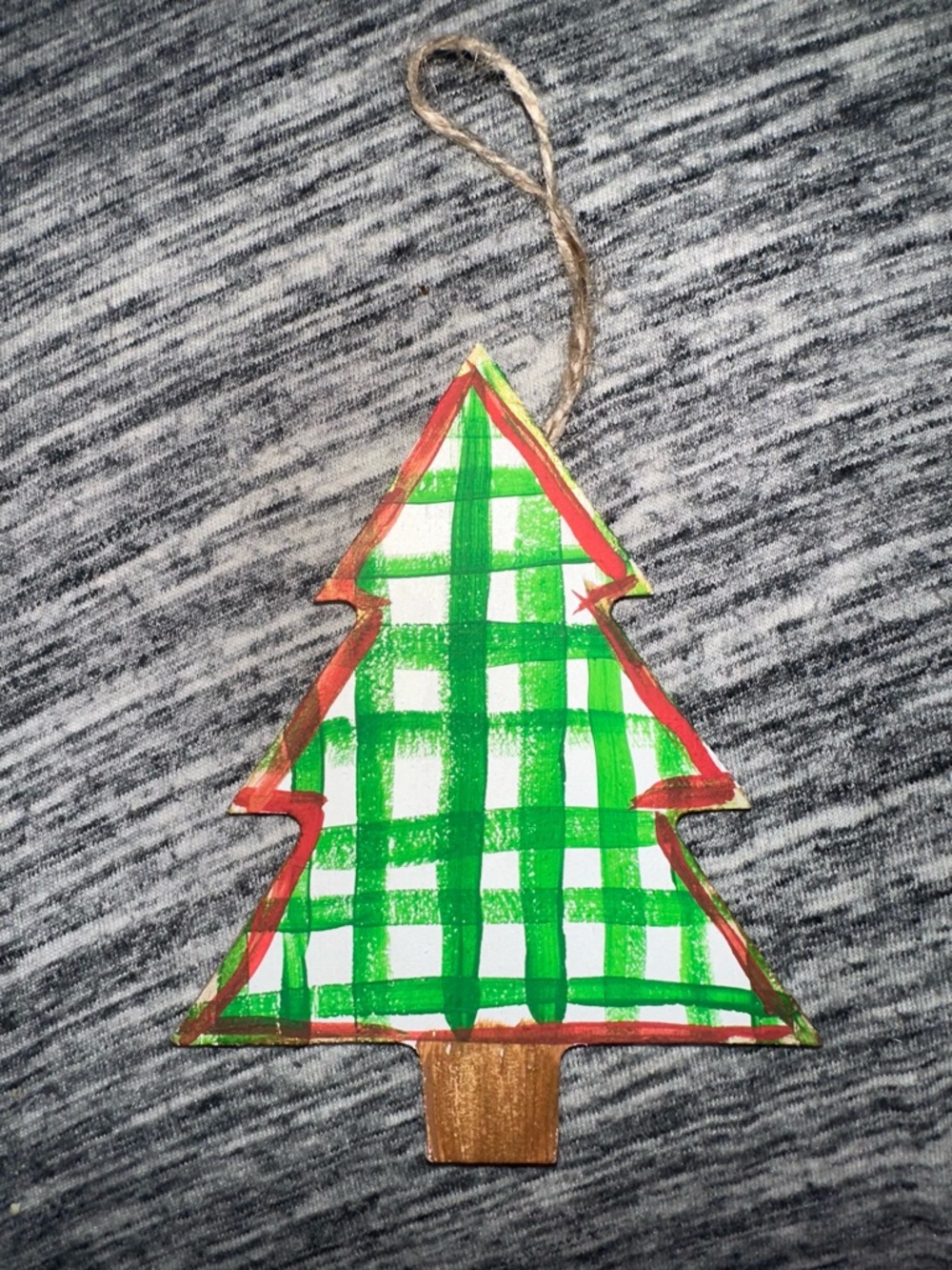 Green Plaid Wooden Tree Ornament with Jute Loop
